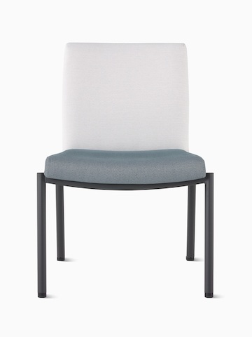 Front view of a Valor Stacking Chair without arms in a white back upholstery and a blue seat upholstery and black frame on white sweep.
