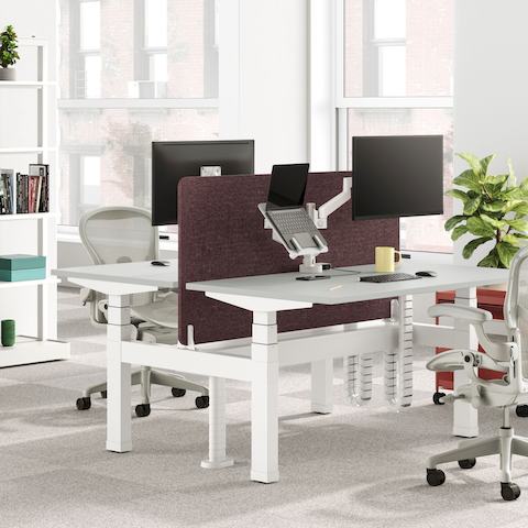Nevi Link Sit-Stand two-desk configuration in white with a maroon-coloured fabric screen, Lima Monitor Arm and Laptop Mount, two Aeron Chairs and OE1 storage trolleys.