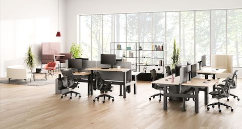 Ambiente open space con configurazioni speculari di scrivanie Nevi Link Sit Stand nere con piani di lavoro in legno di colore chiaro, schermi divisori grigi, bracci porta monitor Ollin, sedute Mirra 2 e arredi lounge sullo sfondo.