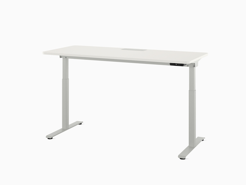 Front view of a freestanding Nevi Sit-to-Stand Desk in white with worksurface raised.