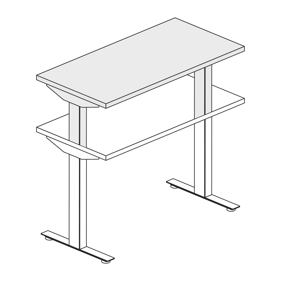 Desenho de linha de uma mesa com regulagem de altura Nevi estendida até sua altura em pé máxima.