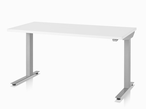 A Nevi standing desk with a white surface and silver legs.