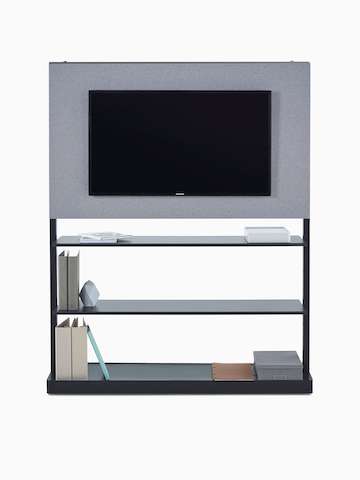 Una Pared móvil OE1 en gris oscuro, con baldosa de tela en gris claro, expositor y estantes inferiores, vista de frente.