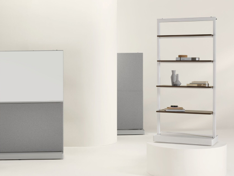 Three OE1 Agile Walls in an assortment of configurations, including marker boards, fabric tiles and full shelves. Three OE1 Agile Walls in an assortment of configurations, including marker boards, fabric tiles and full shelves.
