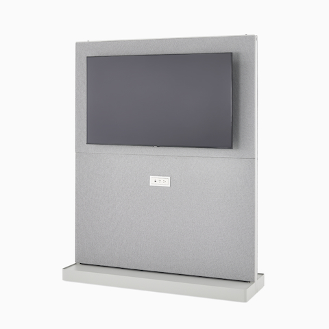A grey, fully cladded OE1 Agile Wall with display mount, viewed from an angle.
