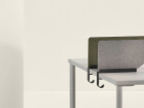Two green and blue and grey OE1 Boundary Screens attached to a white OE1 Project Table viewed from an angle. Two green and blue and grey OE1 Boundary Screens attached to a white OE1 Project Table viewed from an angle.