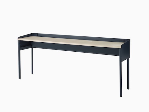 Dark blue, single sided OE1 Communal Table with light brown surface, viewed from an angle.