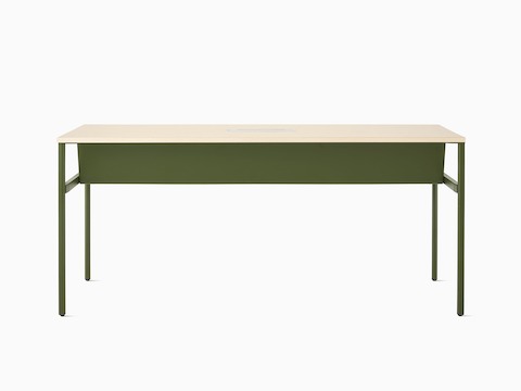 A green double sided OE1 Communal Table with a light brown surface, viewed from the front.