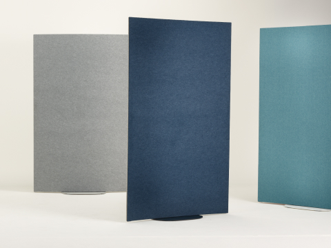 Three OE1 Curved Screens in grey, light blue and dark blue viewed from different angles.