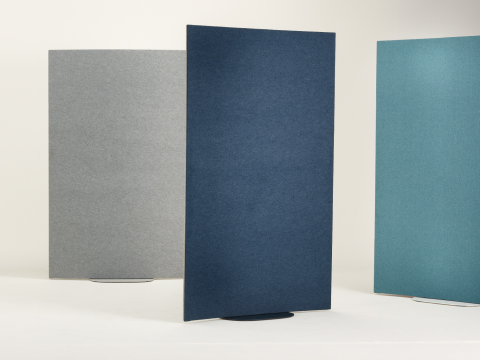Three OE1 Curved Screens in grey, light blue and dark blue viewed from different angles. Three OE1 Curved Screens in grey, light blue and dark blue viewed from different angles.