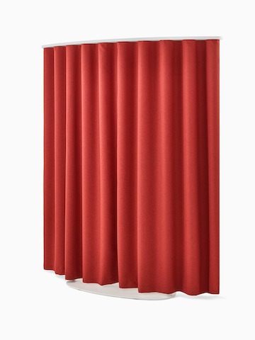 Curved, red OE1 Freestanding Curtain with white frame viewed from a front angle.