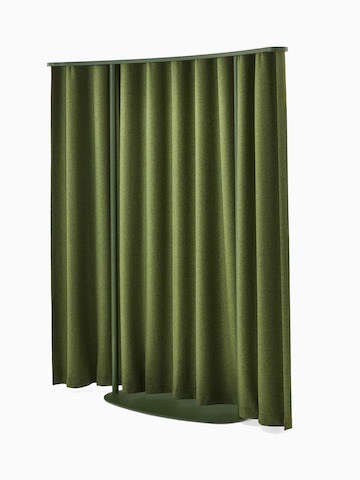 Green, curved OE1 Freestanding Curtain with green frame viewed from a front angle.