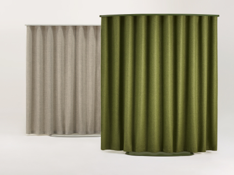 Three OE1 Freestanding Curtains with brown, green and black fabric, viewed from a front angle.