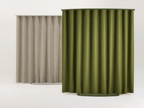 Three OE1 Freestanding Curtains with brown, green and black fabric, viewed from a front angle. Three OE1 Freestanding Curtains with brown, green and black fabric, viewed from a front angle.
