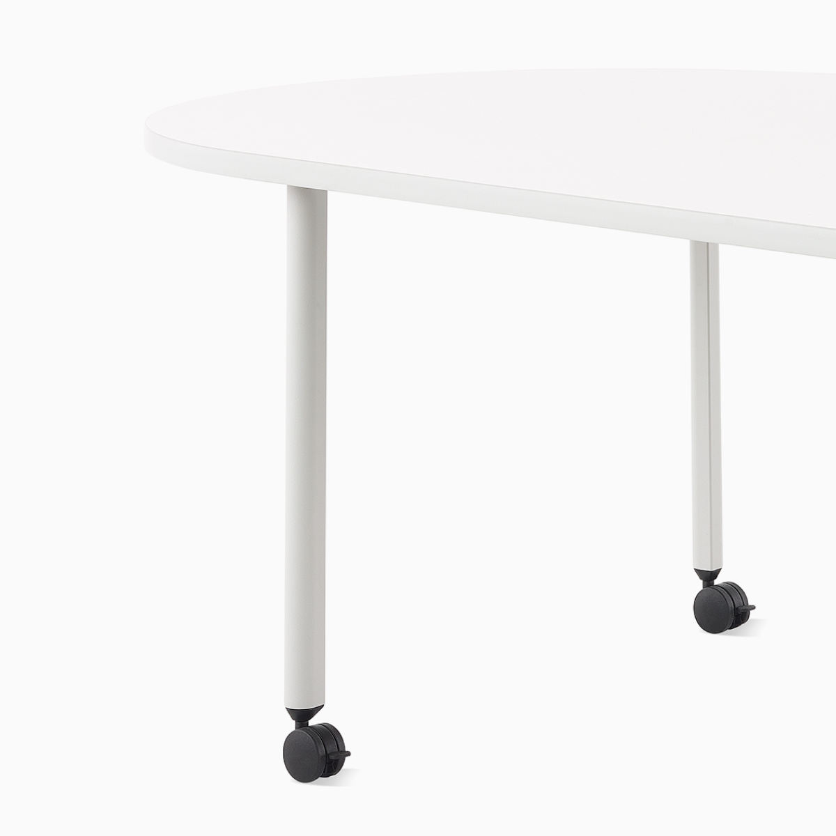 An OE1 Huddle Table with white surface and grey legs, viewed from an angle.