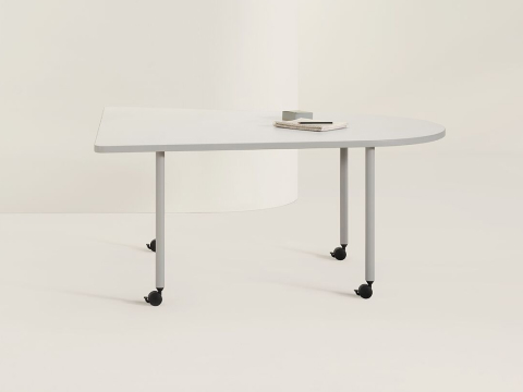 An OE1 Huddle Table with white surface and grey legs, viewed from the side.