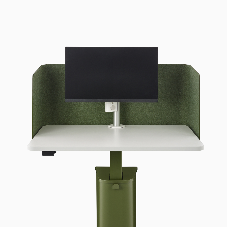 Un Micro Pack OE1 simple en verde con brazo articulado Lima y monitor en negro, visto de frente.