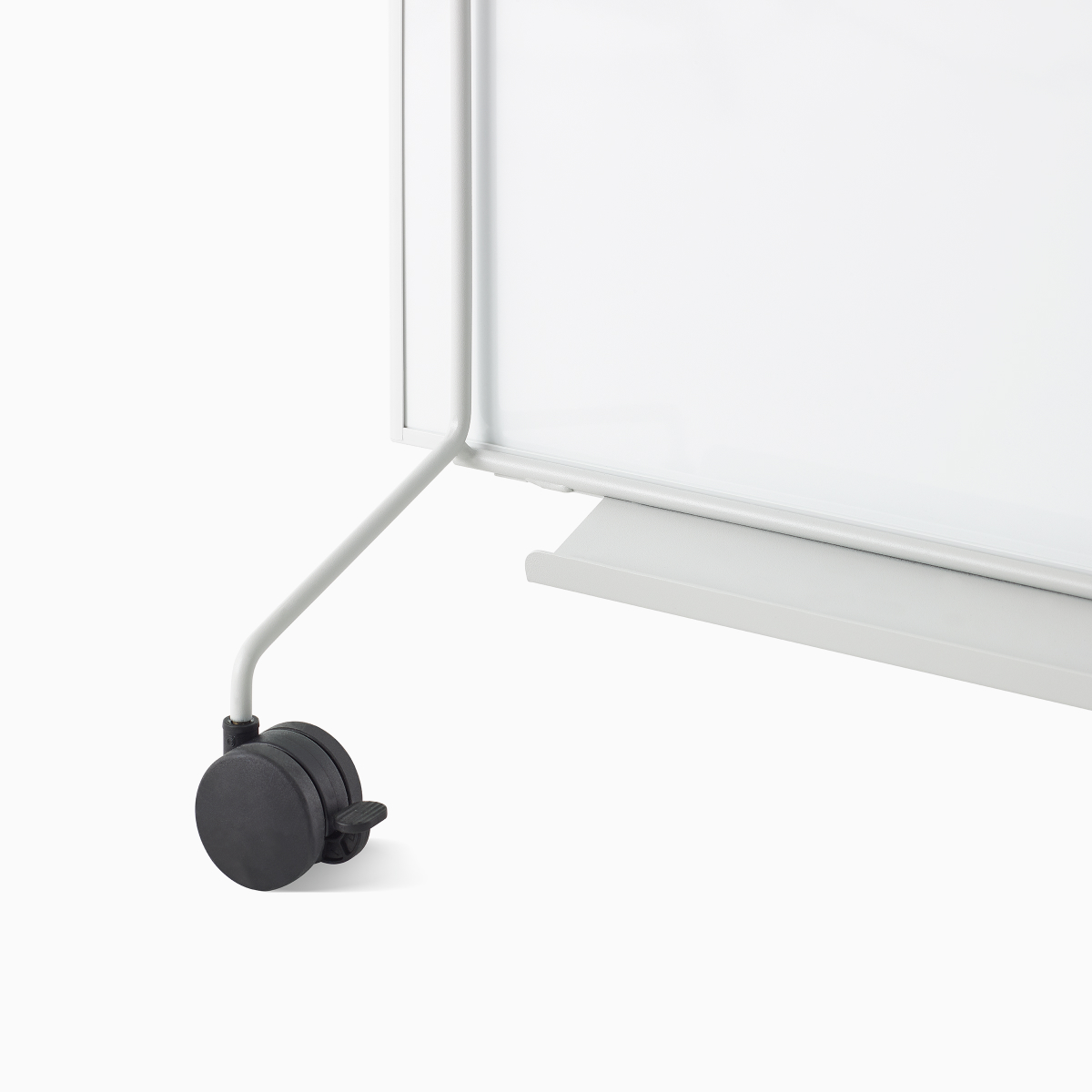 Close up image of a grey OE1 Mobile Easel with black casters and white marker board, viewed from an angle.