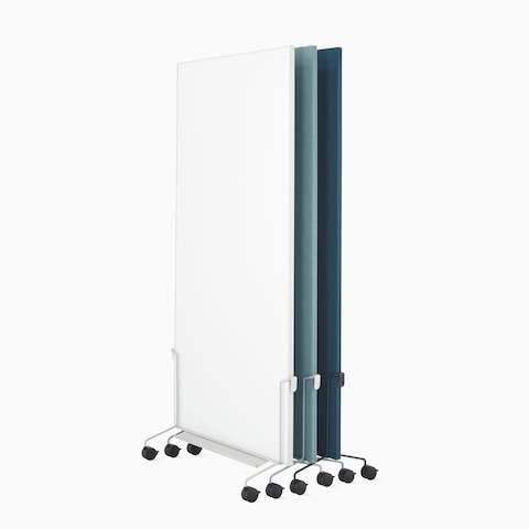 Grey, light blue and dark blue OE1 Mobile Easels with fabric and marker boards nesting together.