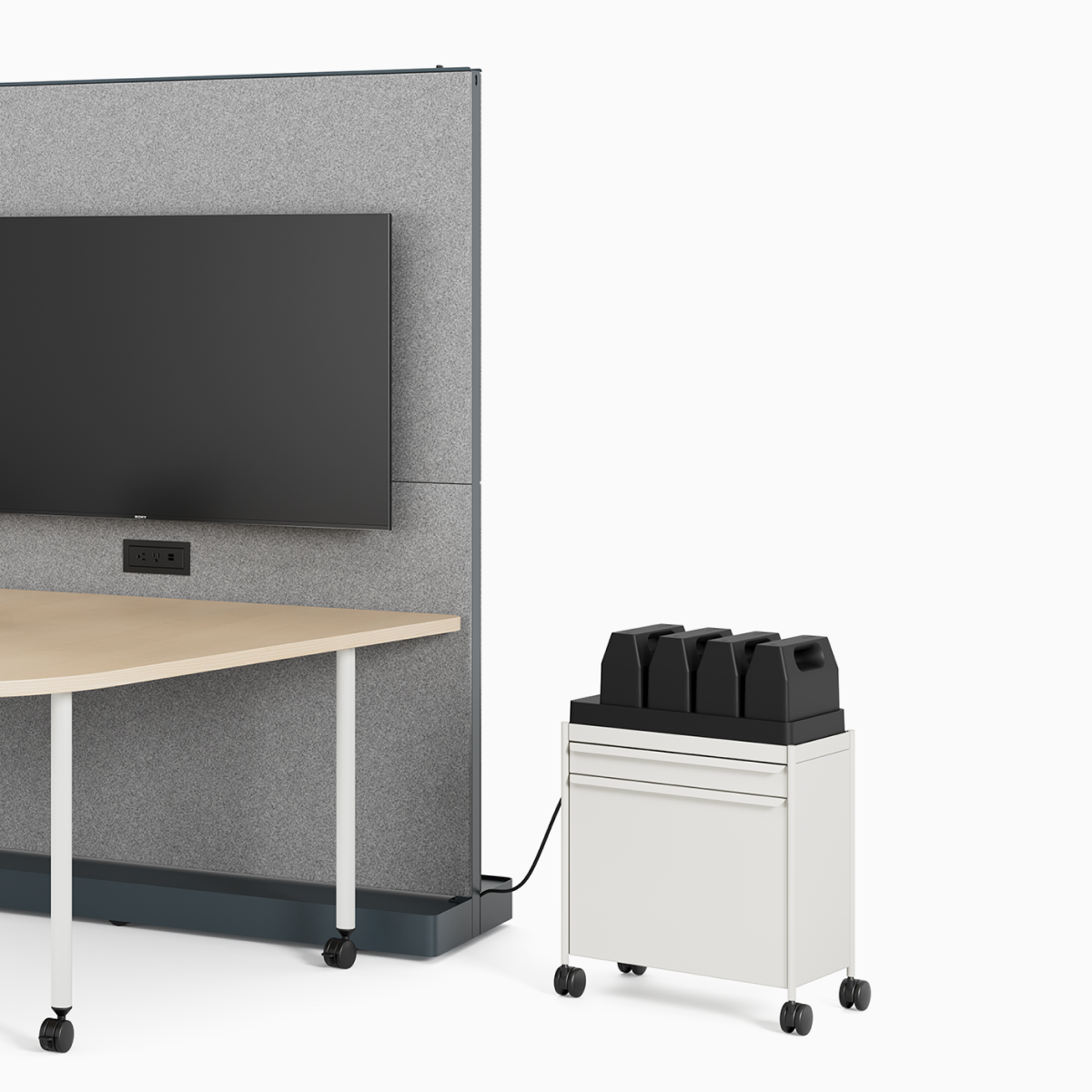 Grey OE1 Agile Wall, brown OE1 Huddle Table, white OE1 Storage Trolley and OE1 Power Pack and Power Tray, with a white background.