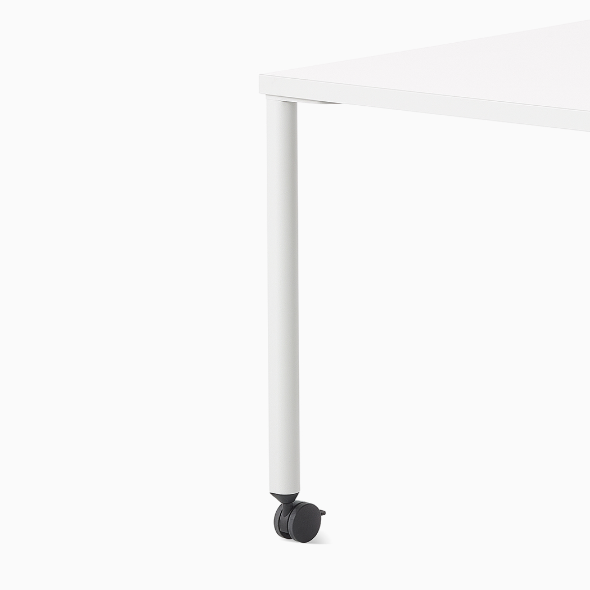 White and grey OE1 Project Table with casters, viewed from an angle.