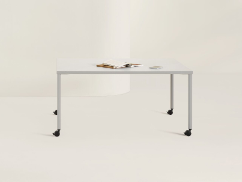 White and grey OE1 Project Table with casters, viewed from the front.