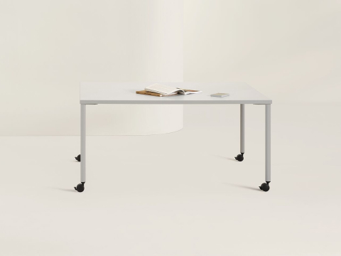 White and grey OE1 Project Table with casters, viewed from the front. White and grey OE1 Project Table with casters, viewed from the front.