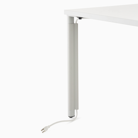 Close up image of a white OE1 table with white bag hook, viewed from a front angle.