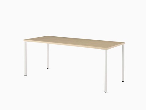 OE1 Rectangular Table with light brown surface and white legs viewed from an angle.