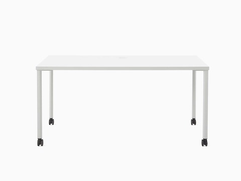 A white OE1 Rectangular Table with light grey legs and black casters, viewed from the front.