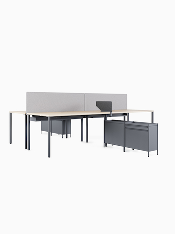 Four OE1 Rectangular Tables ganged together to form a bench, with gray OE1 Storage Trolleys.