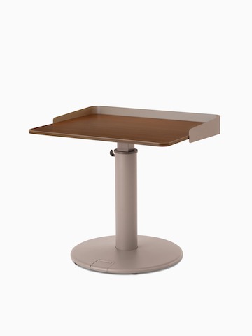 OE1 Sit-to-Stand Table with light brown base and brown rectangular surface, viewed from a front angle.