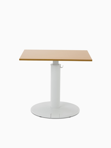 OE1 Sit-to-Stand Table with white base and brown rectangular surface, viewed from the front.