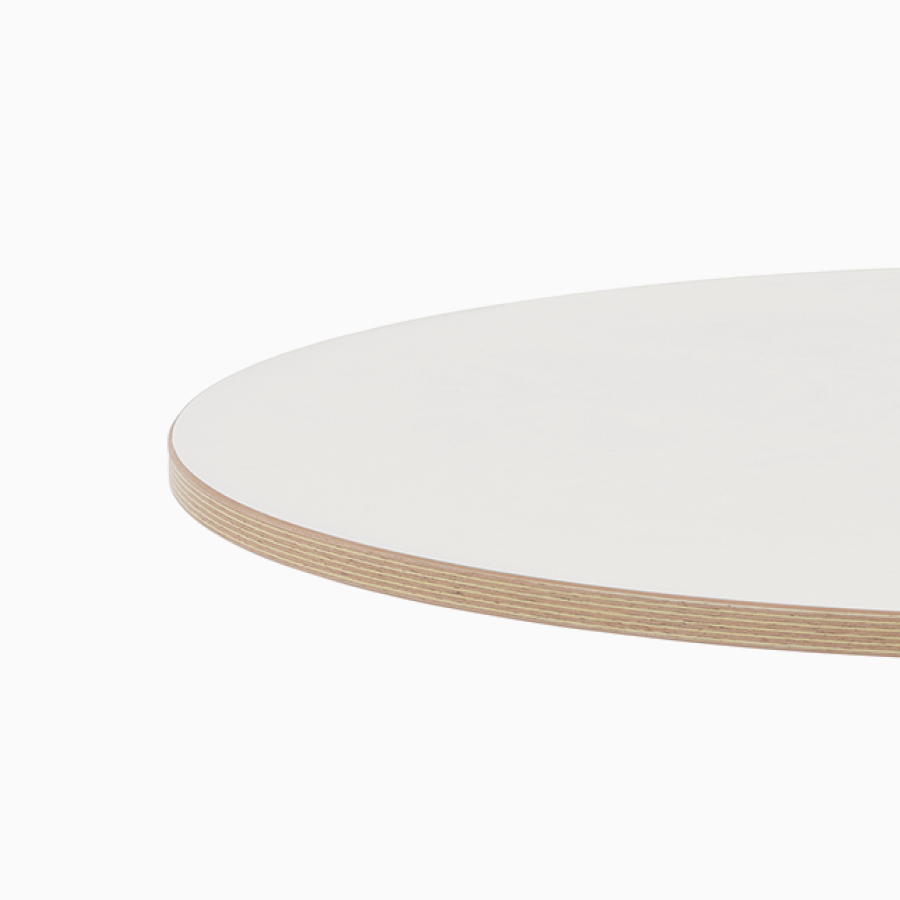 OE1 Sit-to-Stand Table with grey base and white round surface, viewed from a front angle.