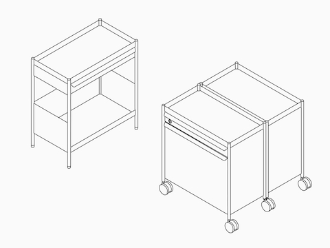 Line drawings of individual, freestanding and dual, mobile OE1 Storage Trolleys. 