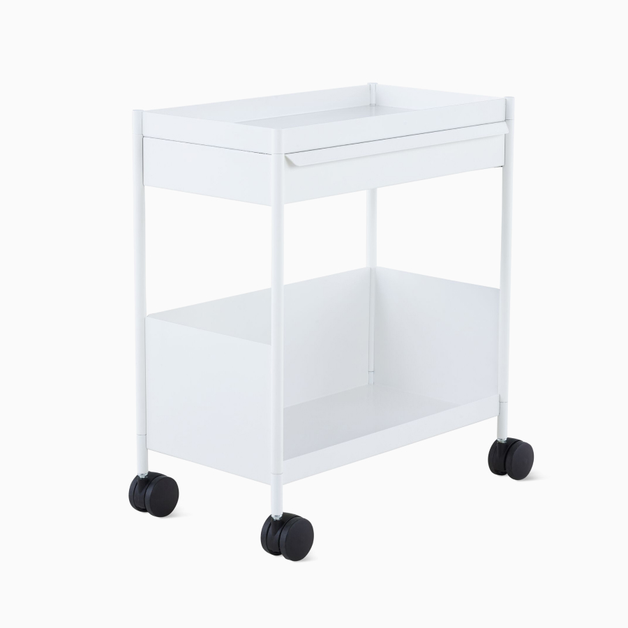 A white individual OE1 Storage Trolley with casters, viewed from an angle.