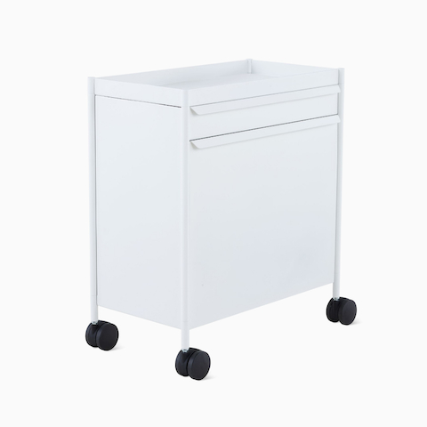A white individual OE1 Storage Trolley with casters, viewed from an angle.
