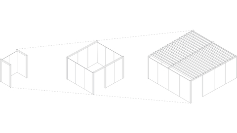 Gráfico de um espaço Overlay de três lados, uma sala Overlay fechada e sala Overlay com treliças.