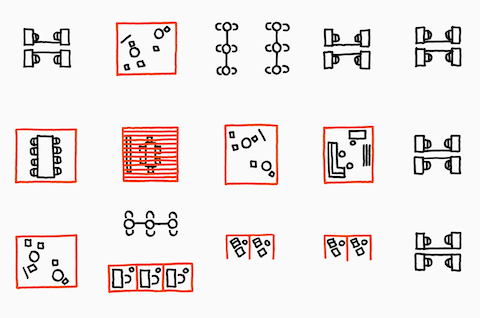 A line drawing illustration of Overlay spaces within an open floorplan that includes workstations and café seating.