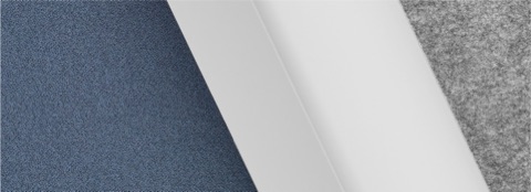 Una imagen en primer plano de diversas piezas de Overlay juntas como tablillas de abedul, estructura blanca con tejido azul y enrejado gris.