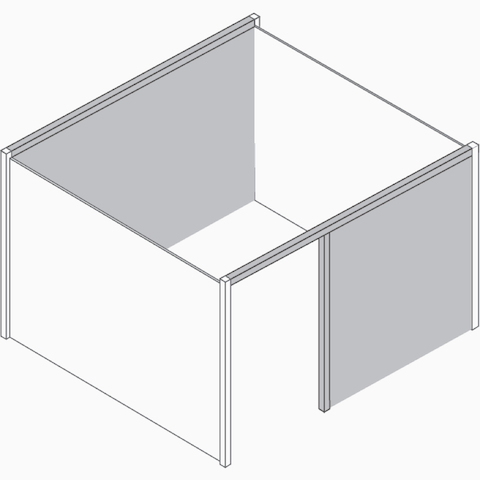 Gráfico de uma sala Overlay fechada. As paredes da frente e do fundo são cinza para identificar as zonas do extensor.