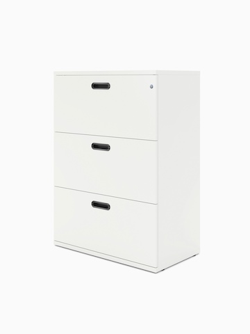 A white Paragraph Storage unit with three drawers, viewed at an angle.