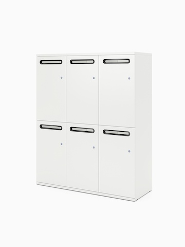 A white Paragraph Storage locker unit with six compartments and slot handles, viewed at an angle.