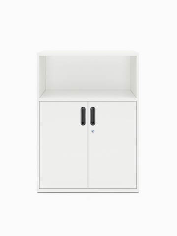 A white Paragraph Storage combination unit consisting of an open shelf above a lower cabinet with hinged doors.