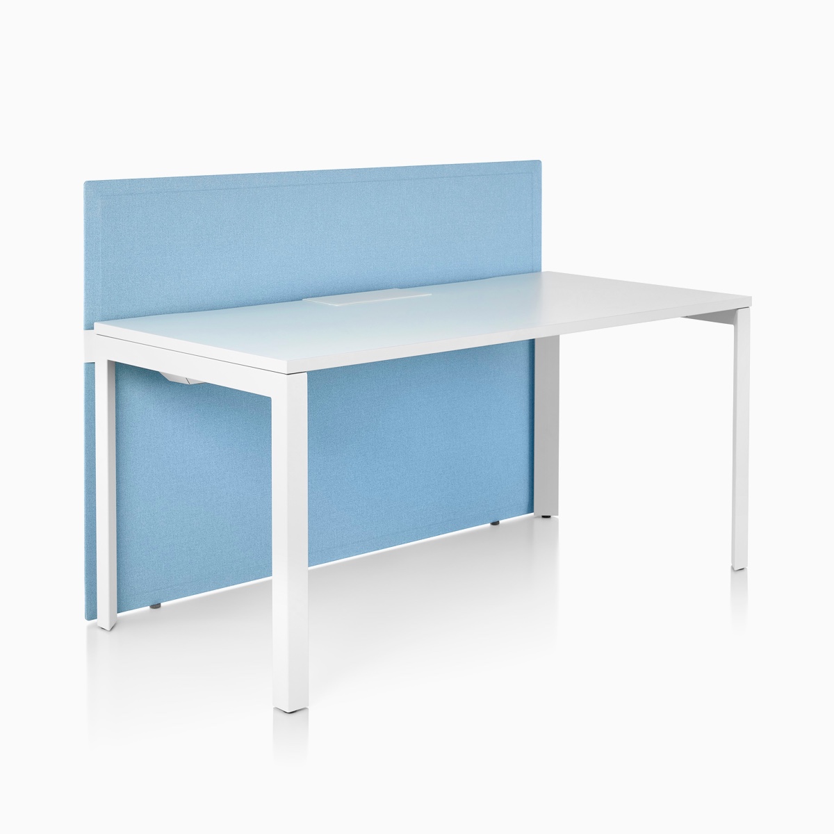 A light blue fabric Pari Freestanding Screen attached to the front side of a white Layout Studio single-sided bench.