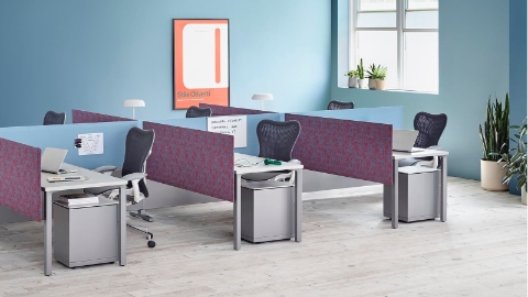 Las pantallas Pari en color azul claro y estampadas en color malva crean límites entre un grupo de estaciones de trabajo con sillas Mirra 2 negras.
