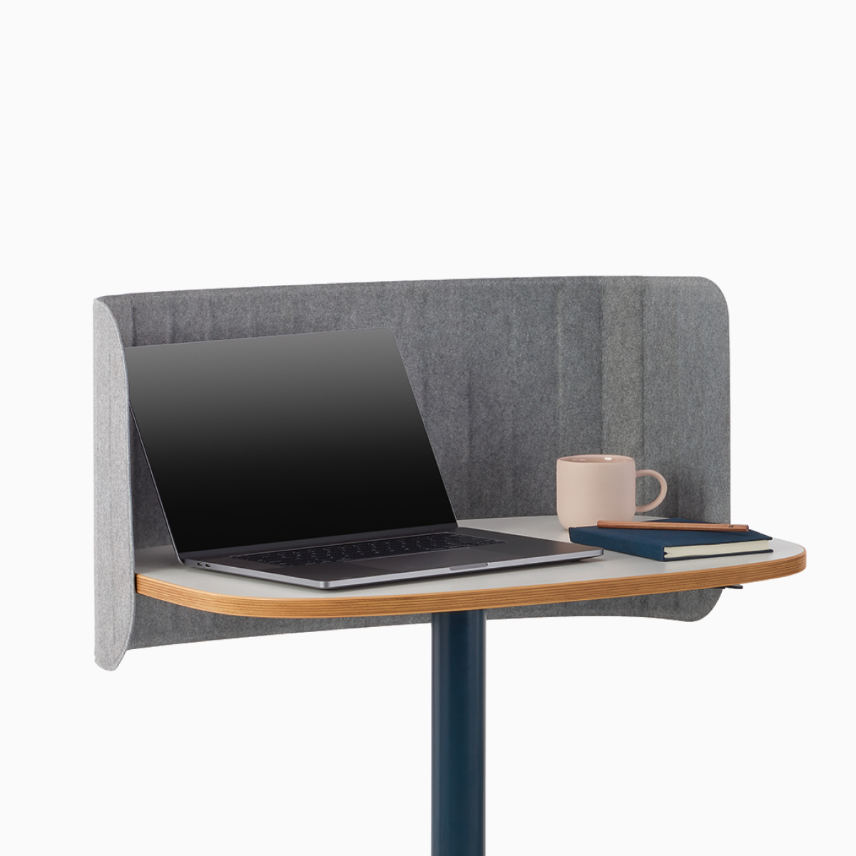 Passport Work Table with blue base and white surface with a plywood edge and grey screen.