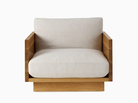 Front view of the Pawson Drift Lounge Chair in oak frame and grey cushions