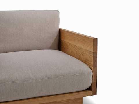 Detail view of the Pawson Drift Lounge Chair in oak frame and grey cushions
