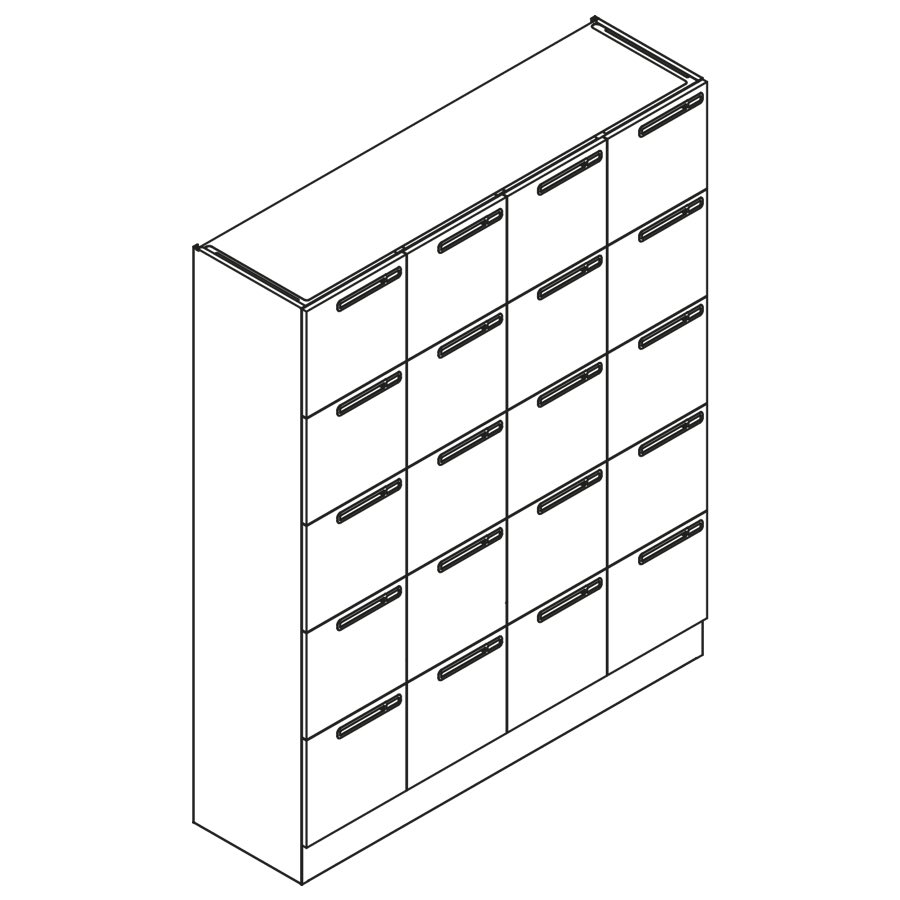 A line drawing of Port Storage System with twenty lockers with name tags.